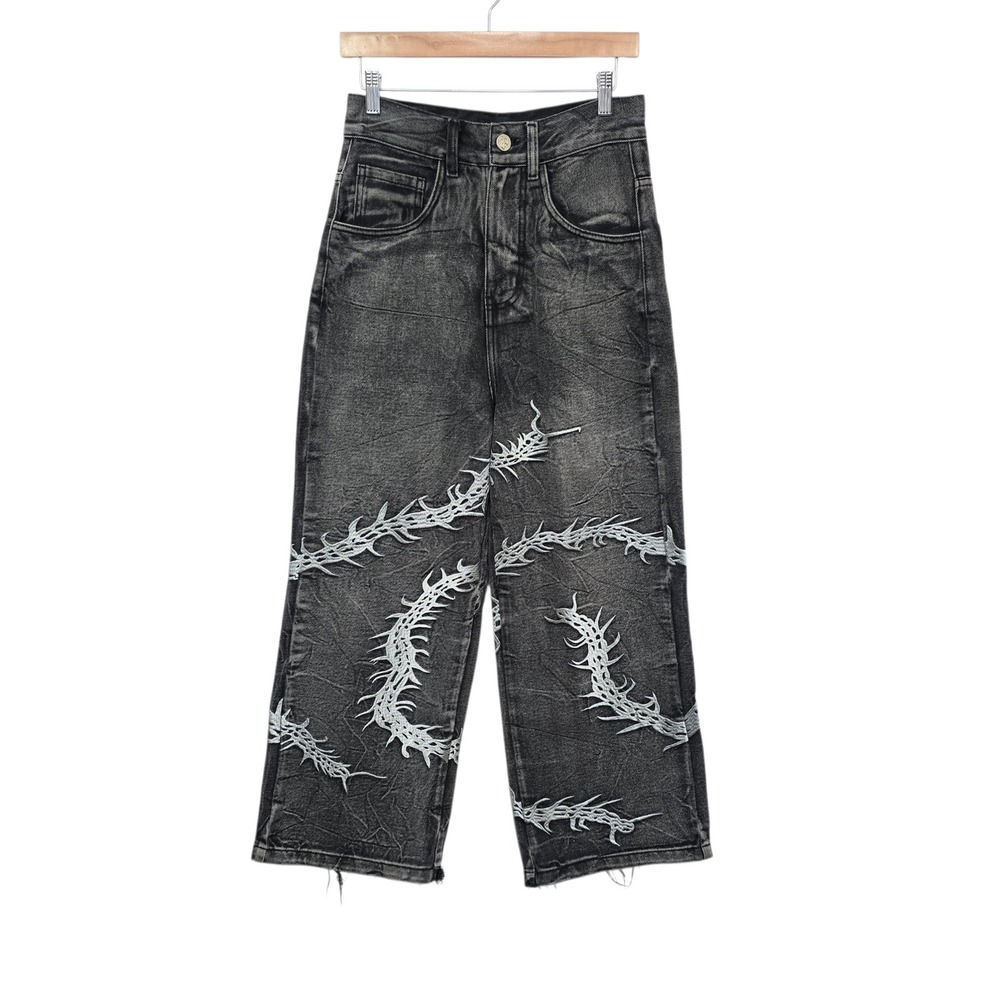 Pholoh Washed Black Tribal Centipede Grunge Wide Leg Jeans Men XS 29X26
